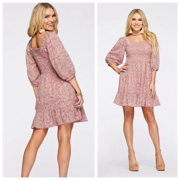 NWT Jessica Simpson Women's Printed Smocked Dress in Dots & Roses, Size Small - Picture 7 of 7